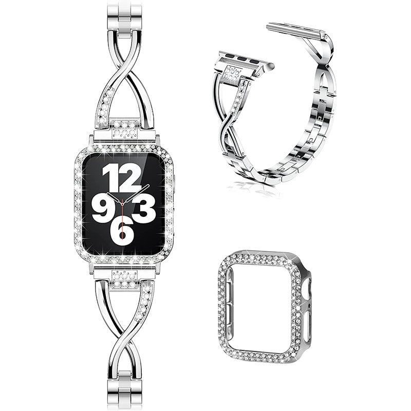 Protective Case Rhinestone Decorated + X-shape Metal Watch Strap Scratch-proof Replacement for Apple Watch Series 6 5 4 SE 44mm SE (2022) 44mm Protective Case Rhinestone Decorated + X-shape Metal Watch Strap Scratch-proof Replacement for Apple Watch Series 6 5 4 SE 44mm SE (2022) 44mm